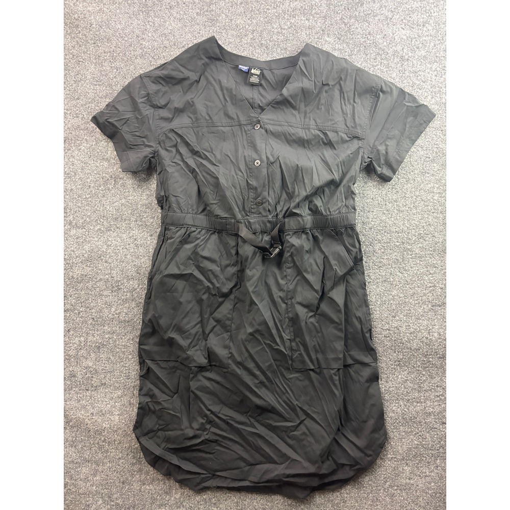 REI Co-op Hiking Dress Womens Large Black Belted V-Neck Short Sleeve Nylon